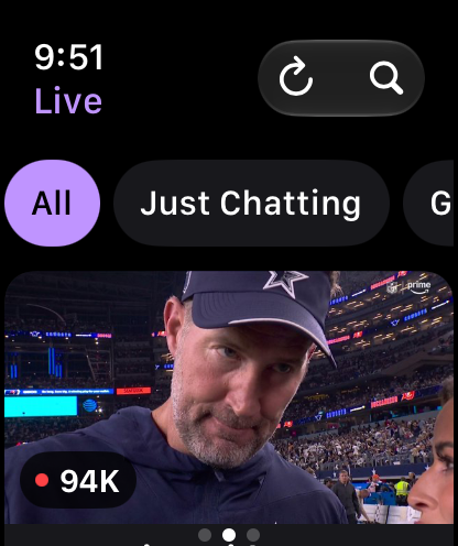 Live Twitch channel feed in Lurk for Apple Watch
